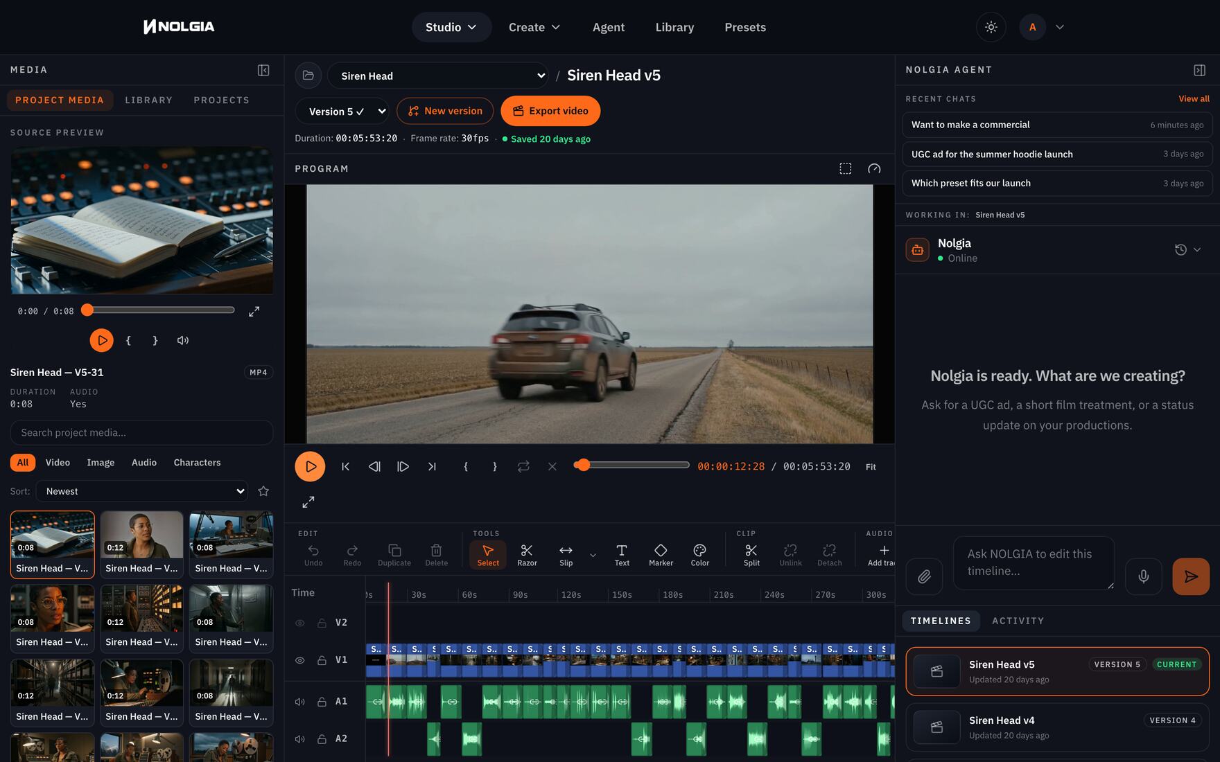 The NOLGIA Agent docked inside the Studio timeline editor: recent conversations and the agent panel on the right, a program monitor playing the cut, and a multitrack timeline of video and audio clips below.