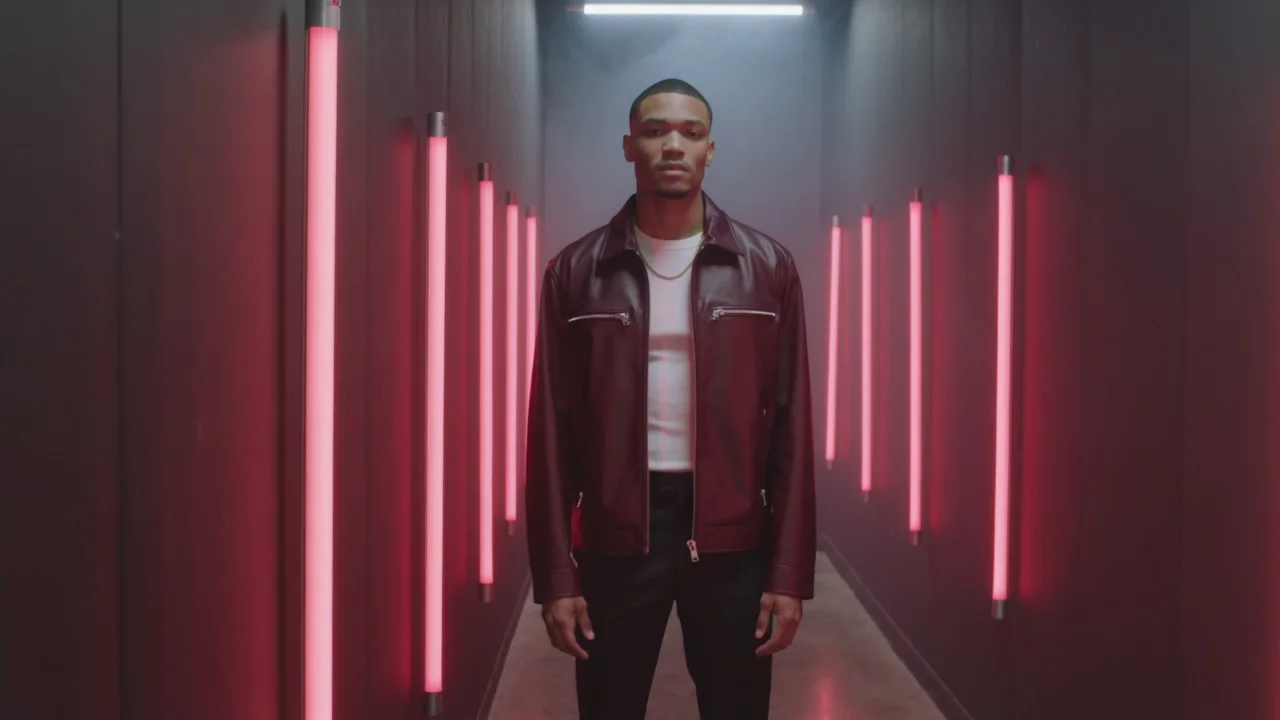 The finished clip: the camera trucks in from behind a dark edge onto the man in the oxblood jacket in the red tube corridor, who raises his head to the lens