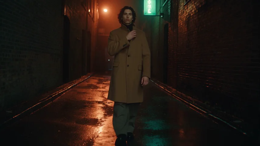 The same whole prompt on Seedance 2.5 at 480p: the man walking toward the camera in the wet alley, turning up his collar with his right hand