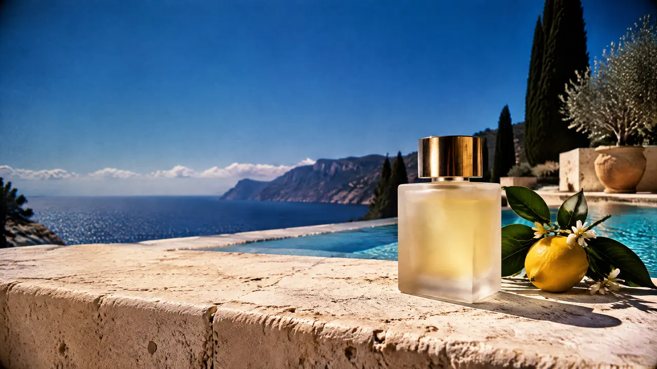 A 16:9 product banner for an unbranded fragrance on a sunlit poolside ledge, the left side kept clear for a headline.