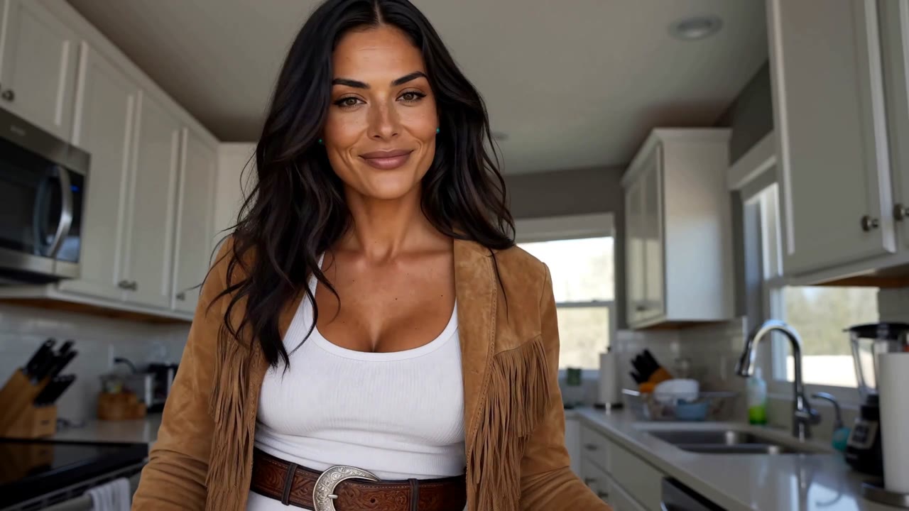 The brand host Camila speaking to camera in her kitchen scene