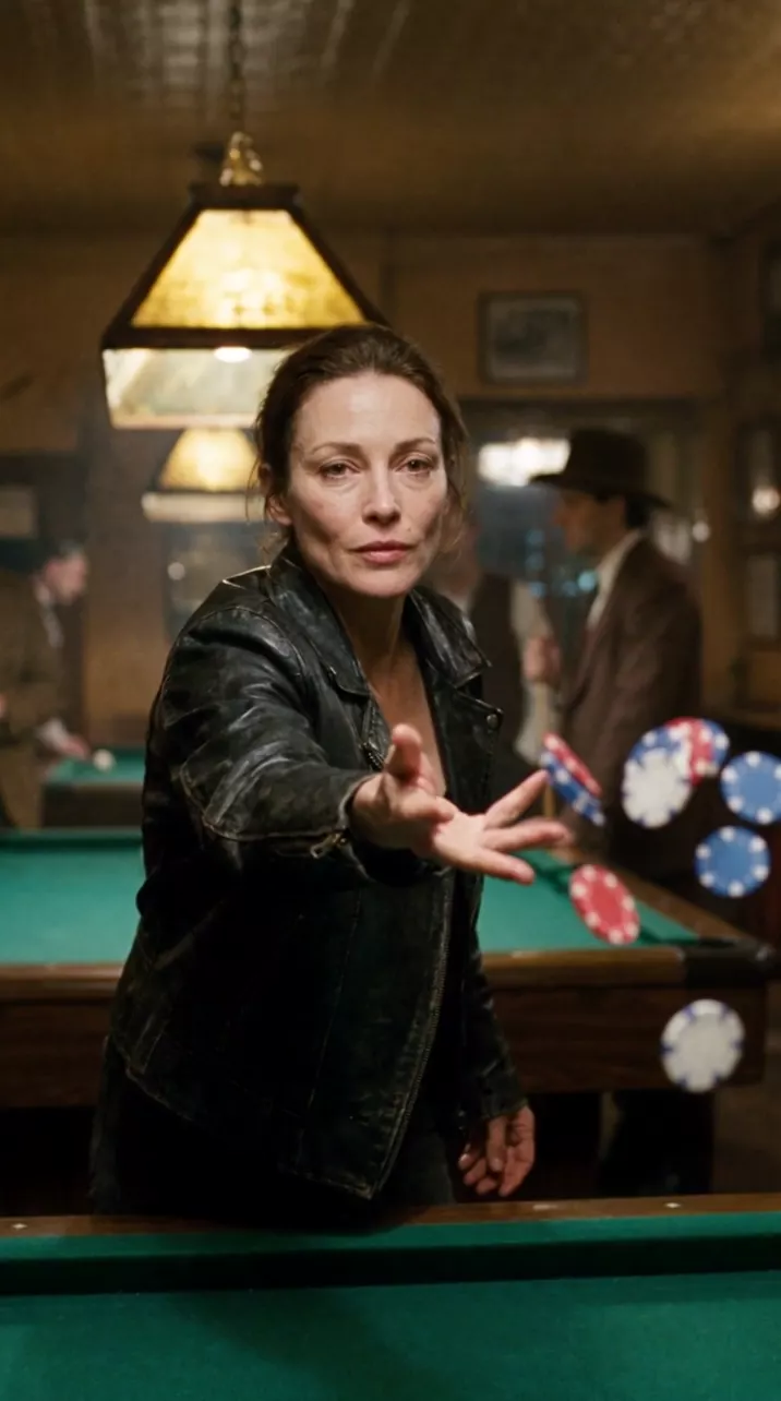 Take 1 in the pool hall: the woman throws the poker chips and they fly out of her hand as in an ordinary throw, the camera barely moving