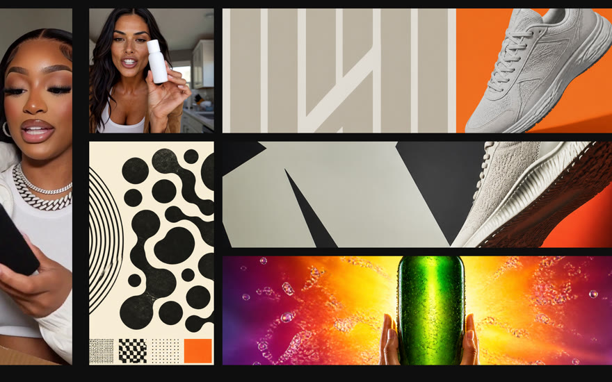 A campaign collage: one brand across UGC frames, a poster, a logo, sneaker banners and a bottle billboard.