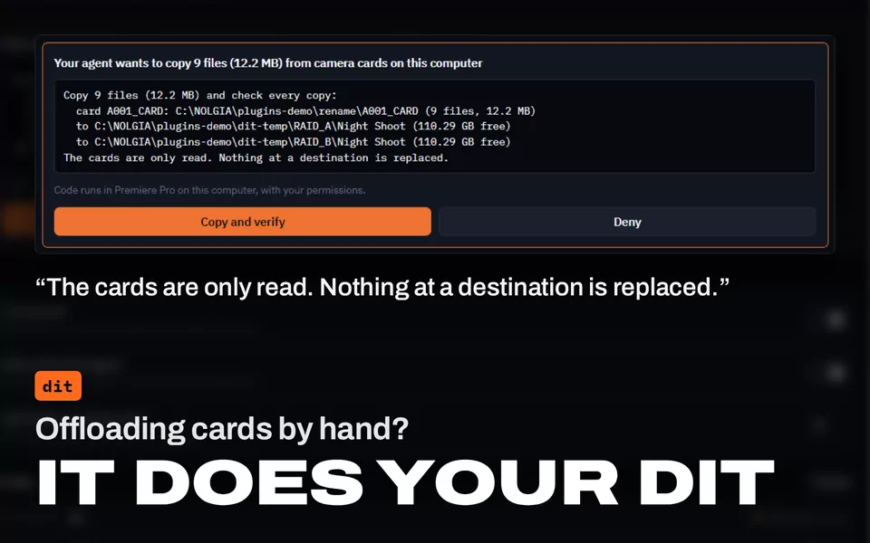 Offloading cards by hand? It does your DIT: the NOLGIA panel in Premiere Pro asking before it copies 9 files from the A001_CARD camera card to two drives and checks every copy, with its line that the cards are only read and nothing at a destination is replaced.