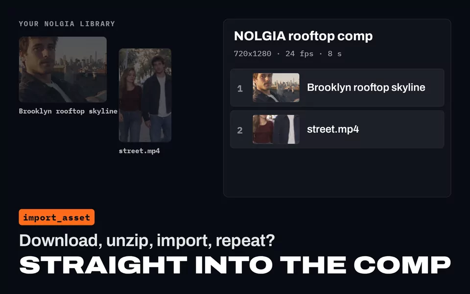 Download, unzip, import, repeat? Straight into the comp: a rooftop image and street.mp4 from the NOLGIA Library landing as the two layers of NOLGIA rooftop comp.