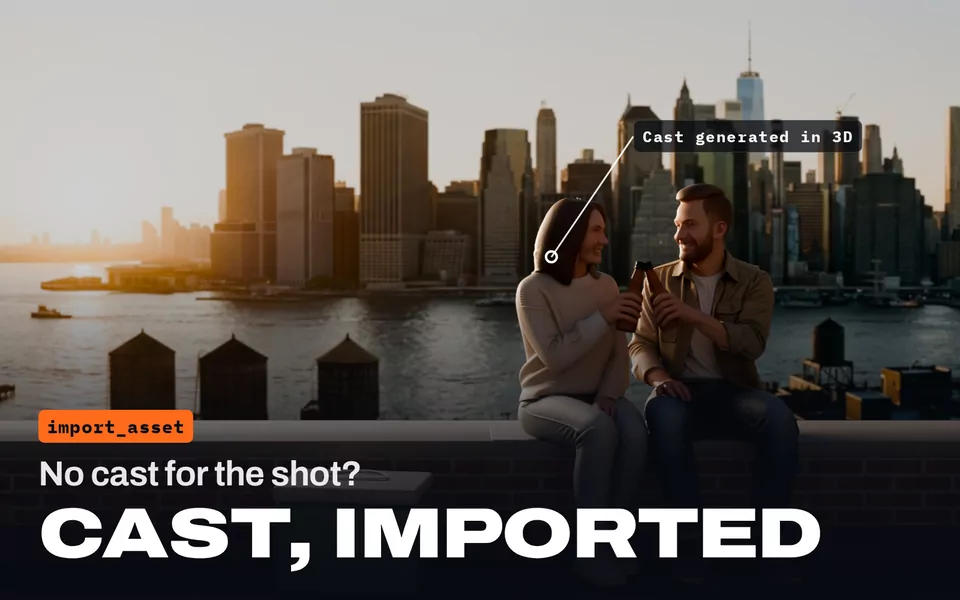 No cast for the shot? Cast, imported: a couple on a rooftop at golden hour, cast generated in 3D and imported into the scene.