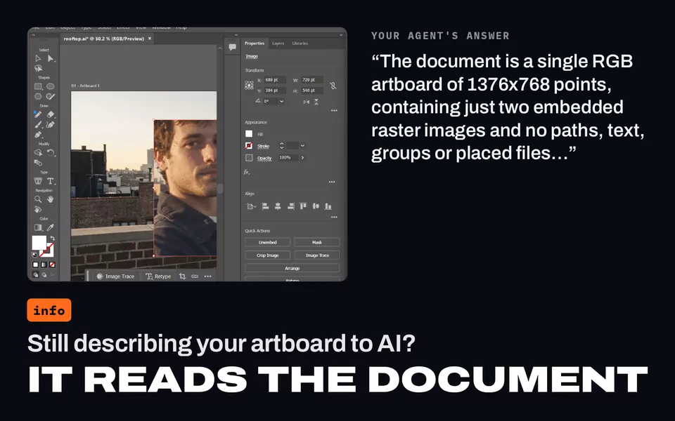 Still describing your artboard to AI? It reads the document: Illustrator beside the agent's answer, that the document is a single RGB artboard of 1376x768 points with two embedded raster images.