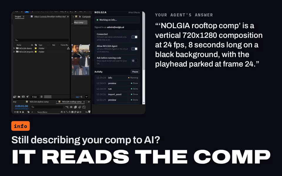 Still describing your comp to AI? It reads the comp: After Effects beside the agent's answer, that NOLGIA rooftop comp is a vertical 720x1280 composition at 24 fps, 8 seconds long.