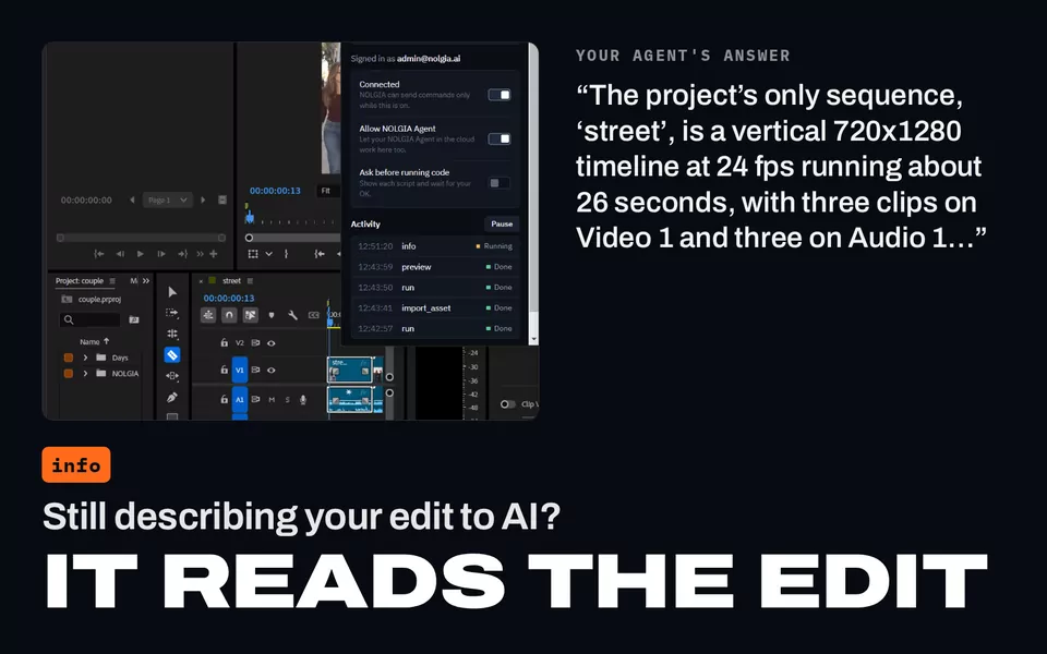 Still describing your edit to AI? It reads the edit: Premiere Pro beside the agent's answer, that the only sequence, street, is a vertical 720x1280 timeline at 24 fps running about 26 seconds.