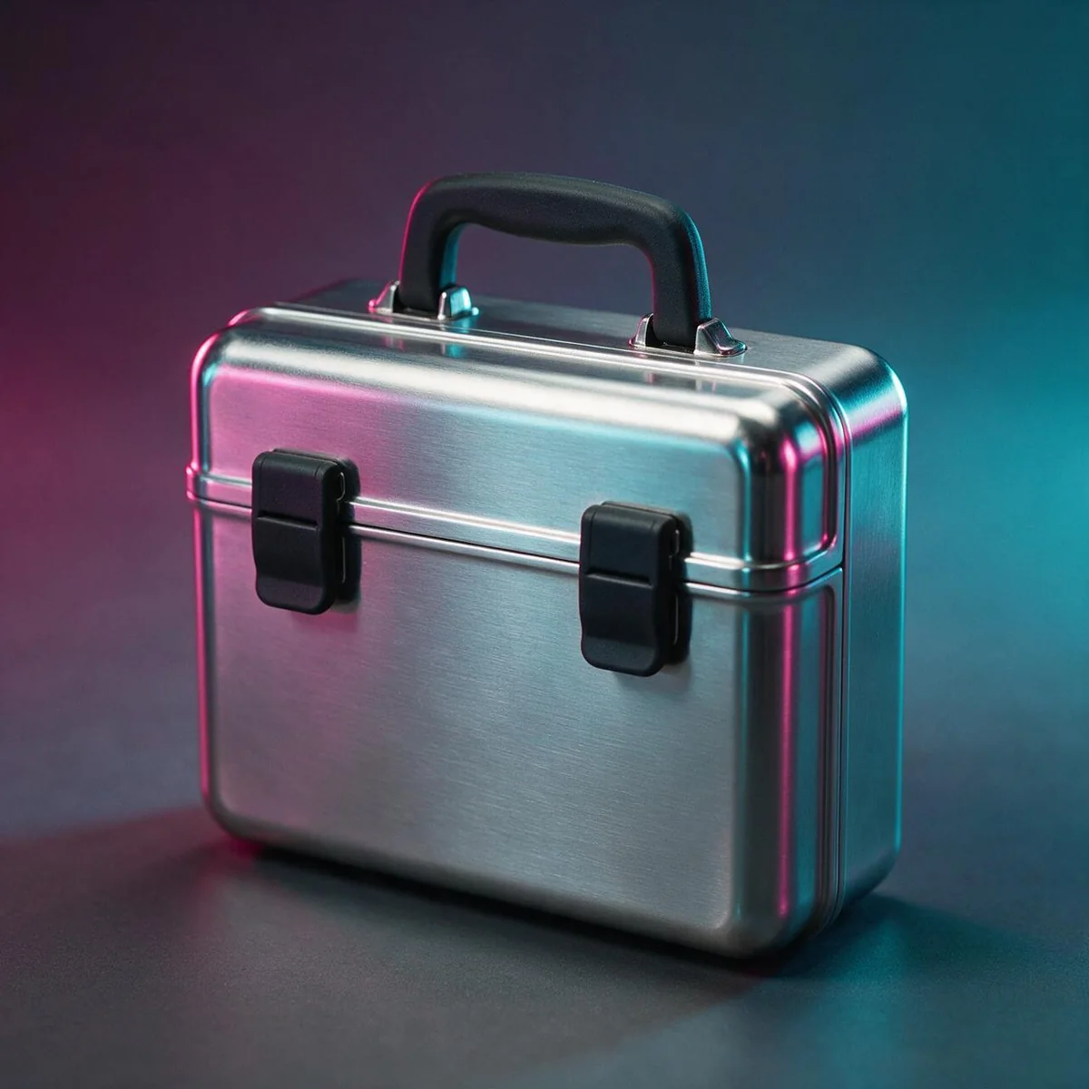 A small brushed-chrome hard-shell case with a black rubber handle and two black latches on a dark studio surface