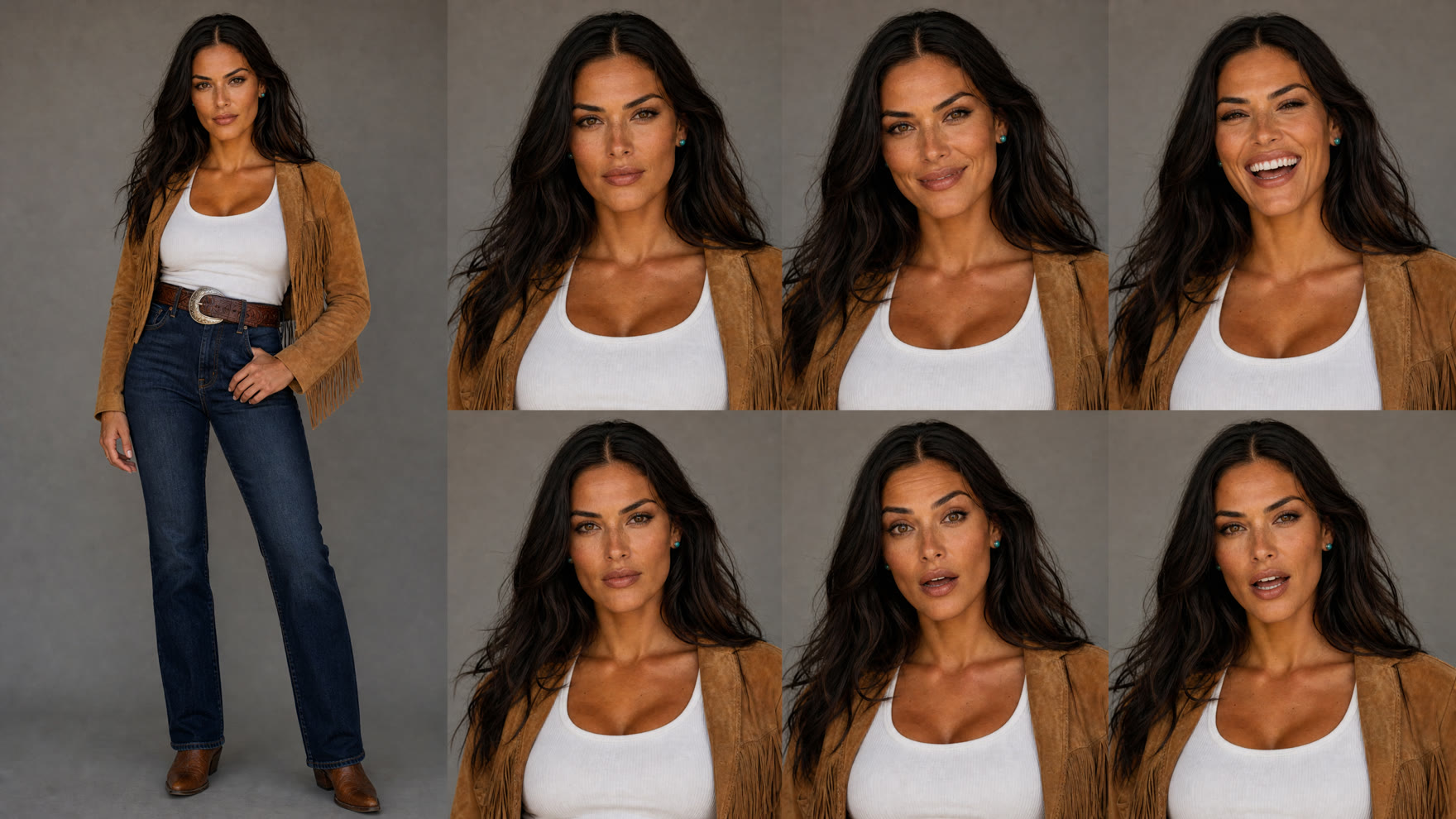 Camila's character expression sheet: one full body view and six close ups, the same face in every frame.