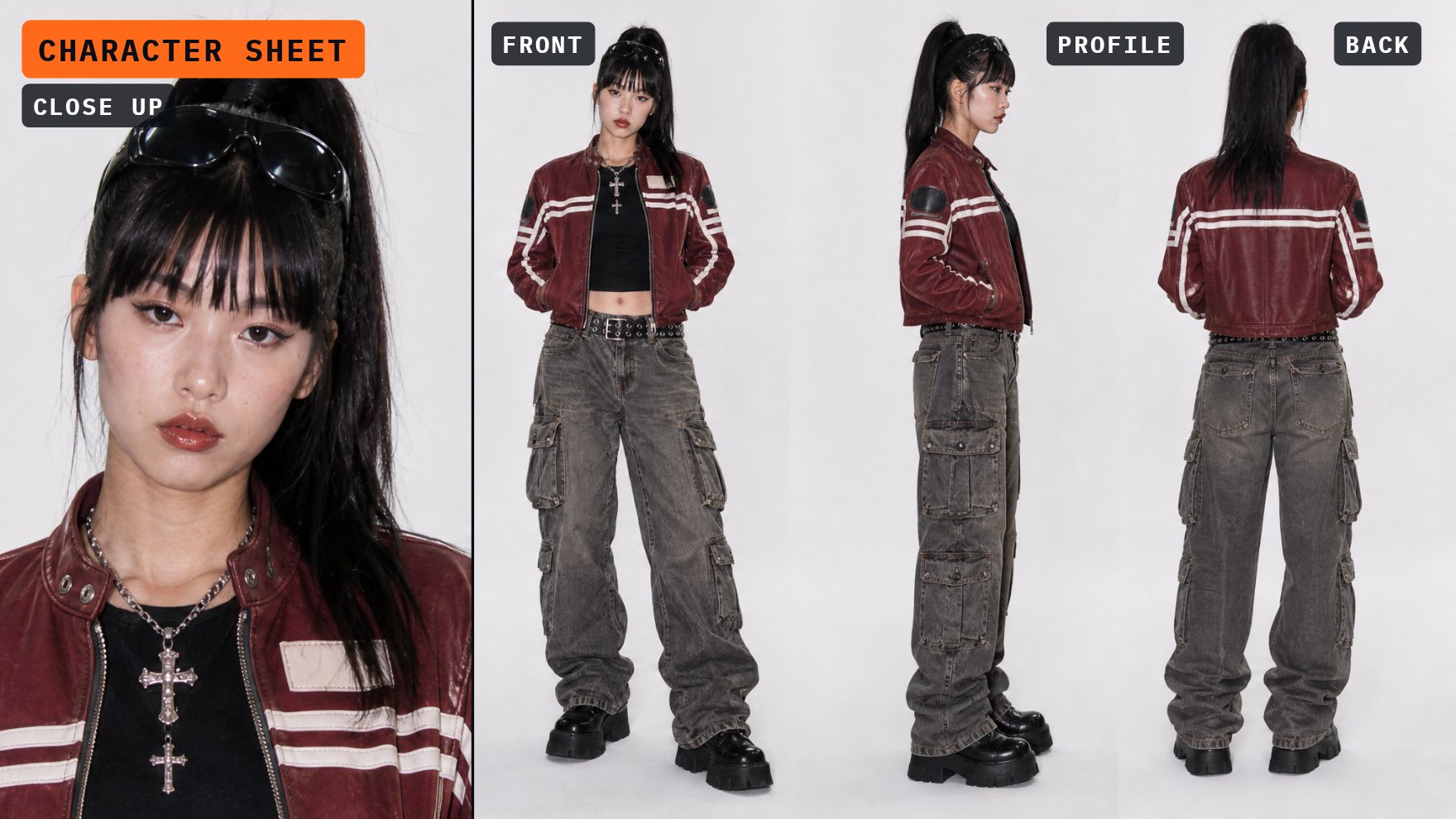 A NOLGIA character sheet of Kiko, a fictional character in a burgundy racing jacket and baggy cargos: a close up, then front, profile and back, the same face and outfit in every view.
