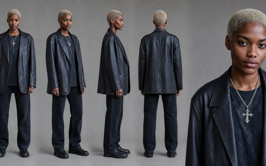 Zara's five view turnaround: the same NOLGIA character rendered front, three quarter, profile and back, plus a close up.