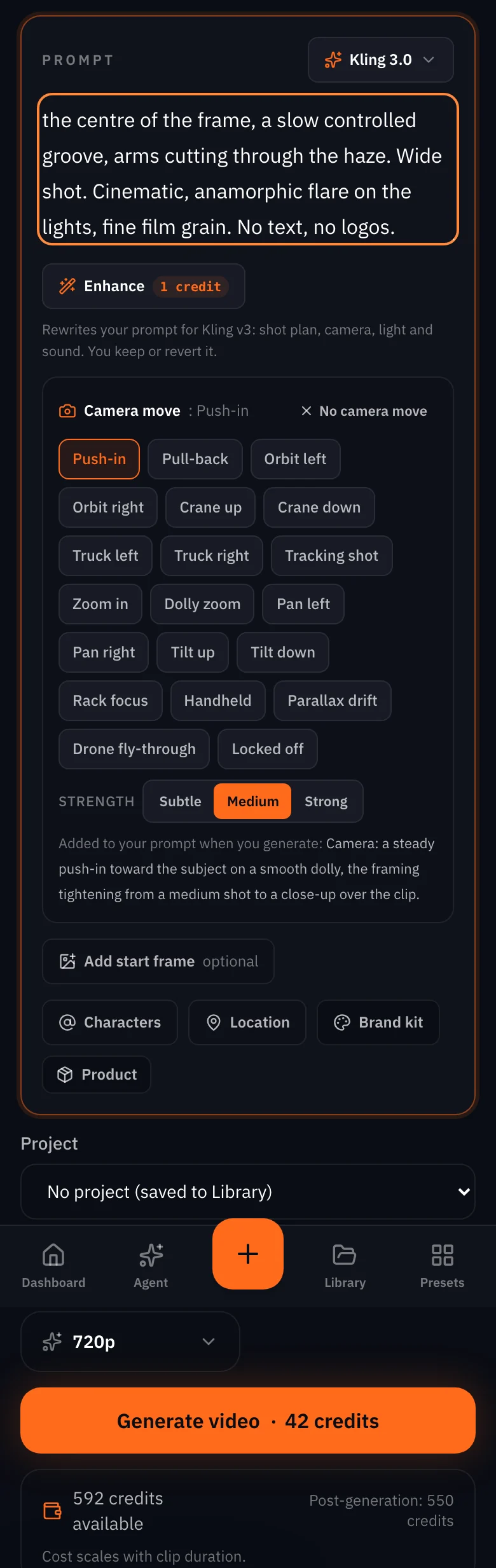 The same composer on a phone: Kling 3.0, the prompt, the camera move row with Push-in pressed, and the length and quality chips