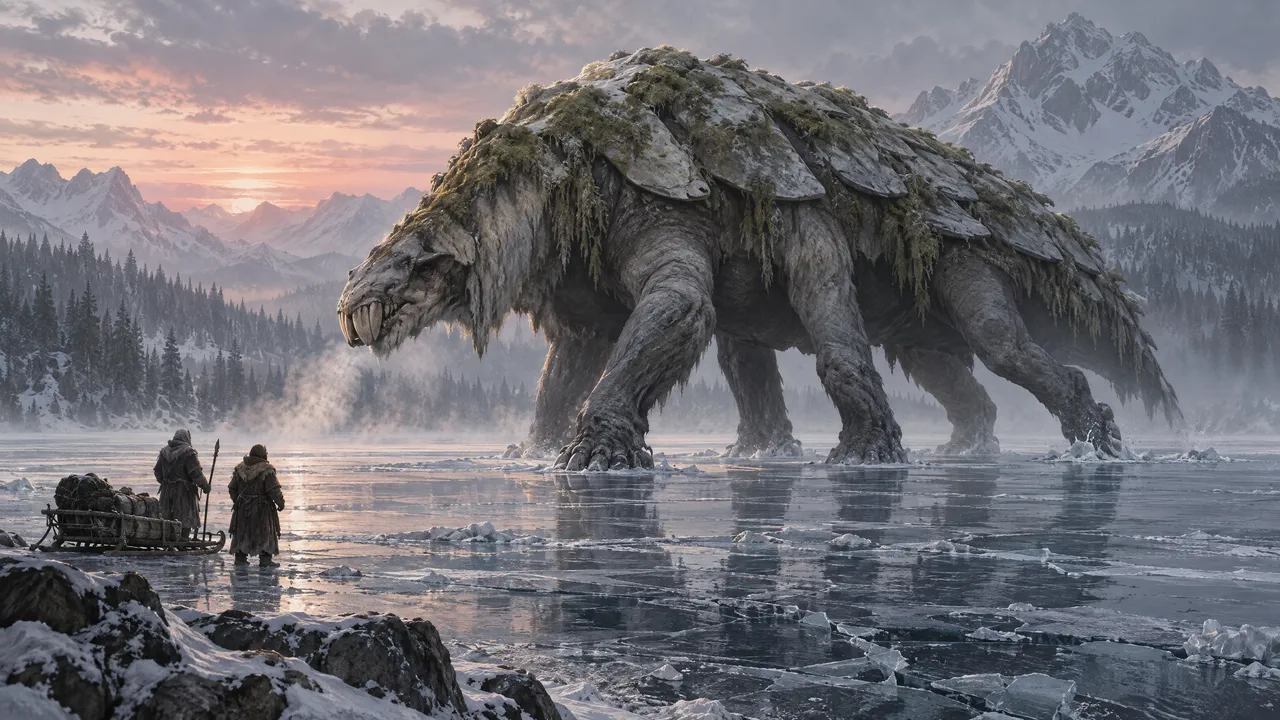 A painted key frame: a house-sized six-legged beast with moss-covered armour plates crosses a frozen lake at dawn, two hooded figures tiny in the foreground
