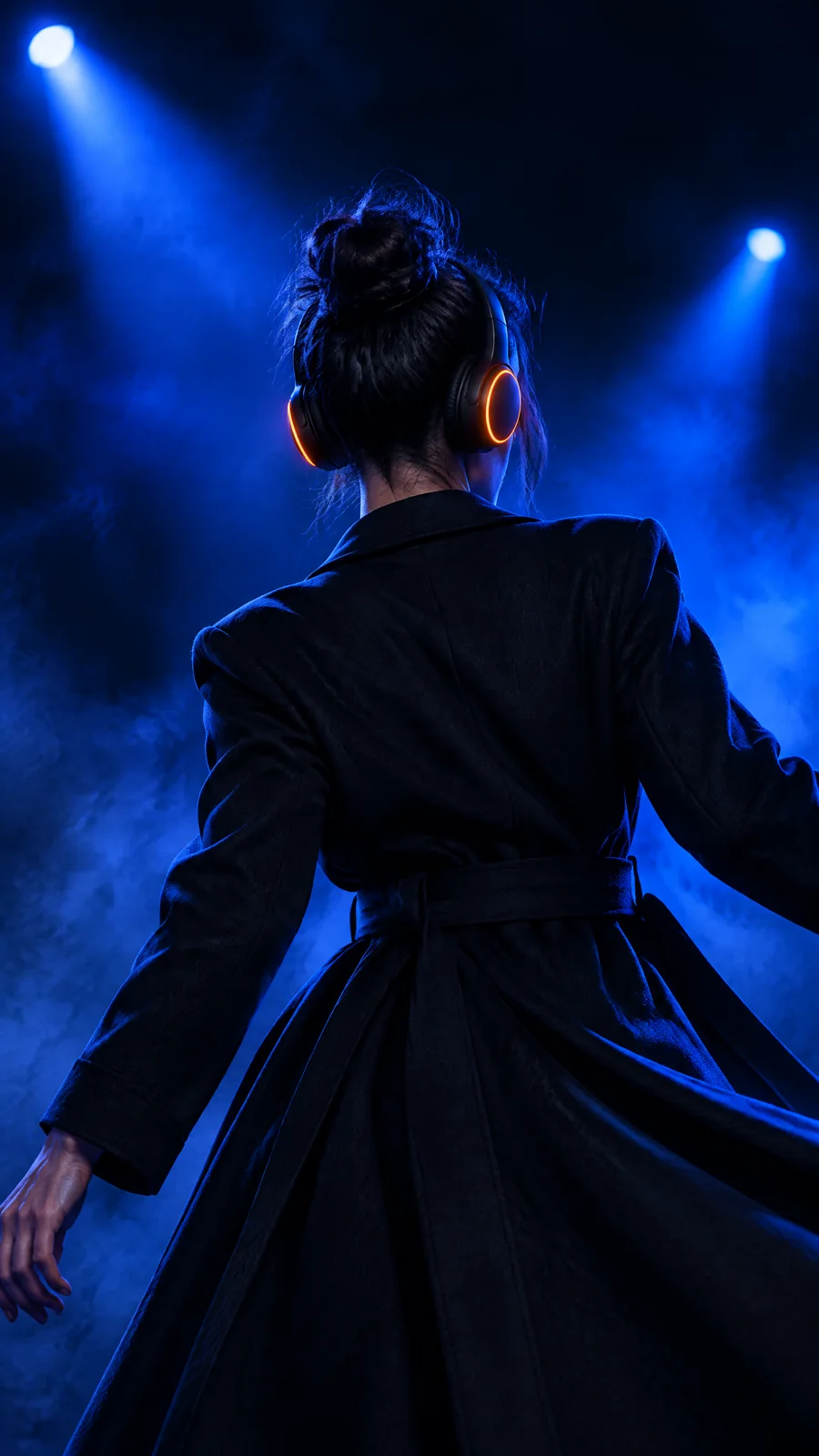 The same dancer from behind under blue strobes, the orange ring the only warm light, vertical