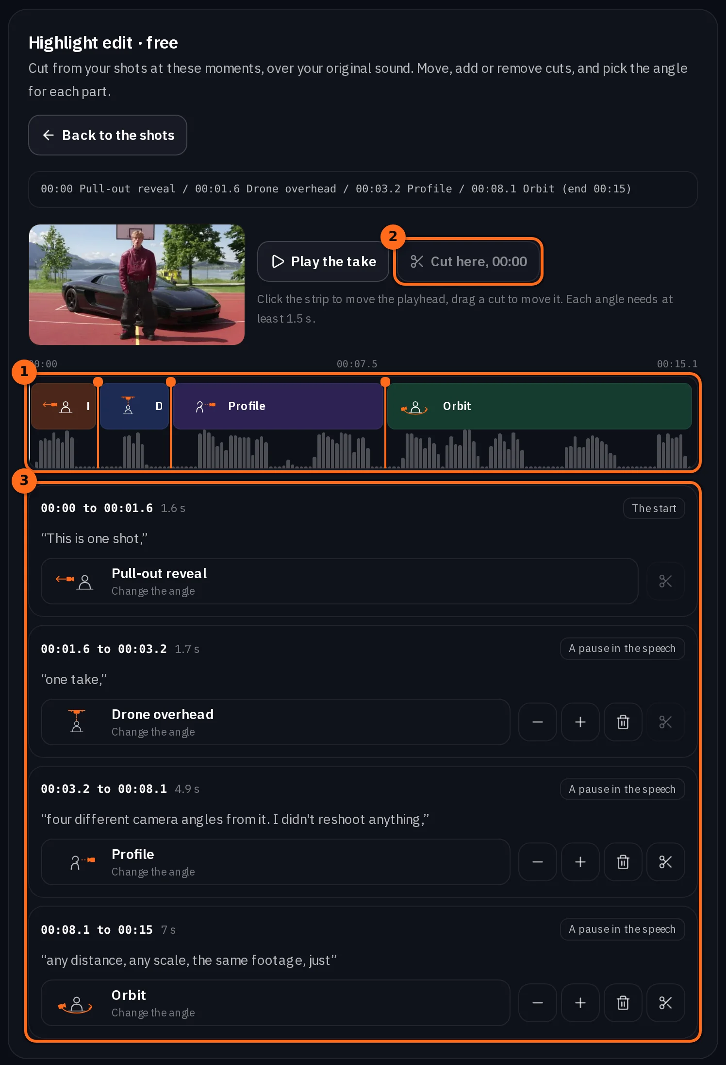 The cut editor: the cut list in one line, the take with Play the take and Cut here, a timeline over the take's sound with four parts named Pull-out reveal, Drone overhead, Profile and Orbit, and the four parts listed with their times, his words and their angles