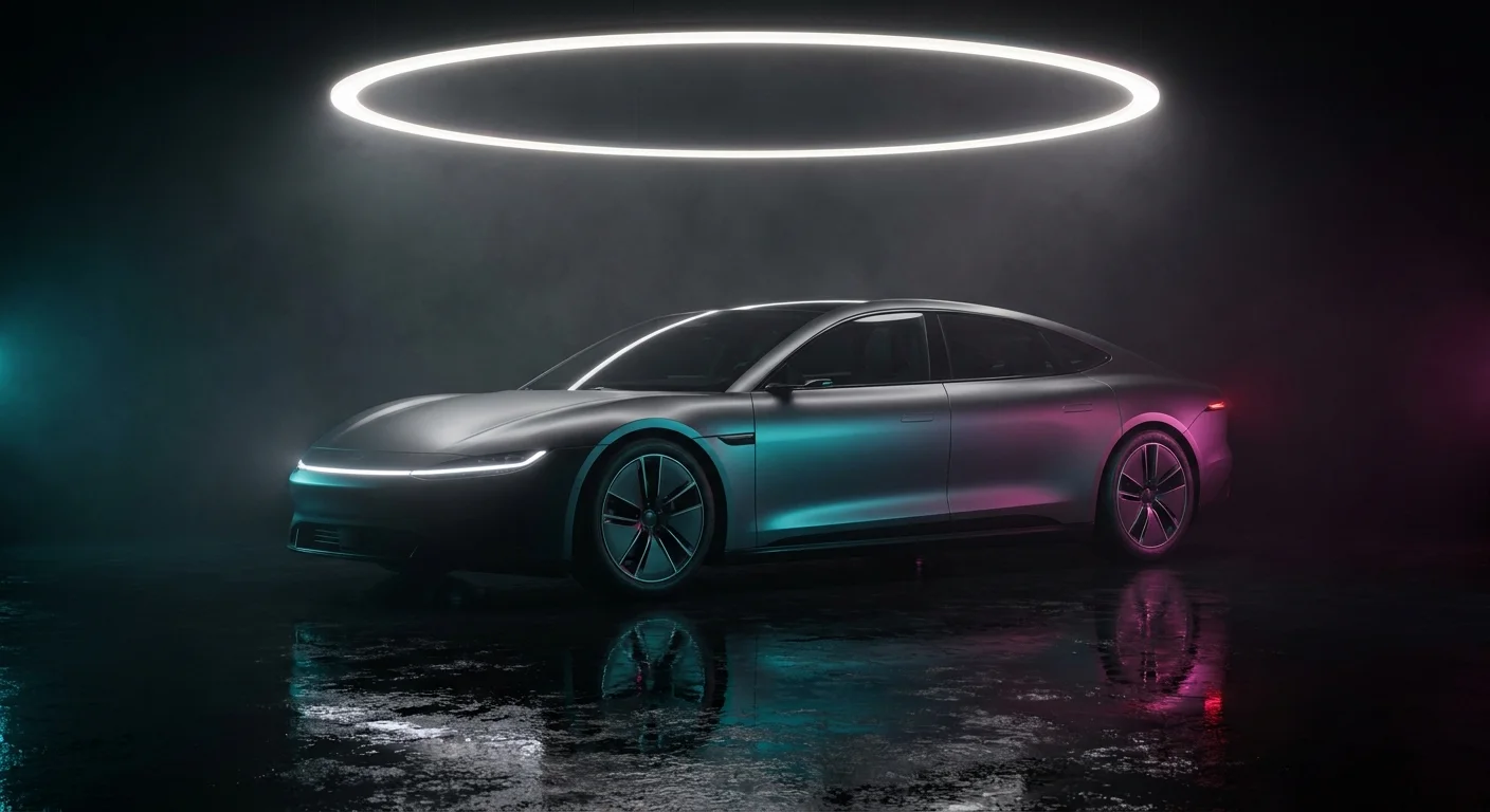 A low graphite fastback coupe with a full-width white light bar under a suspended ring light, cyan and magenta light on a wet black floor