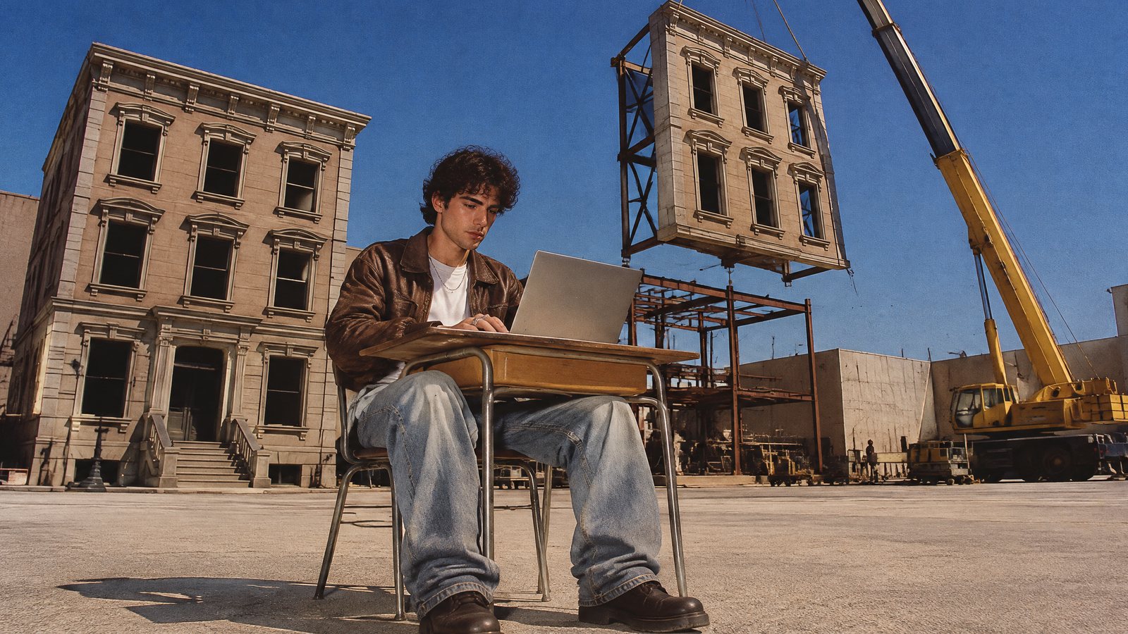 A young man types on a laptop at a school desk on an empty studio backlot while a crane lowers the full-size front of a building into place behind him