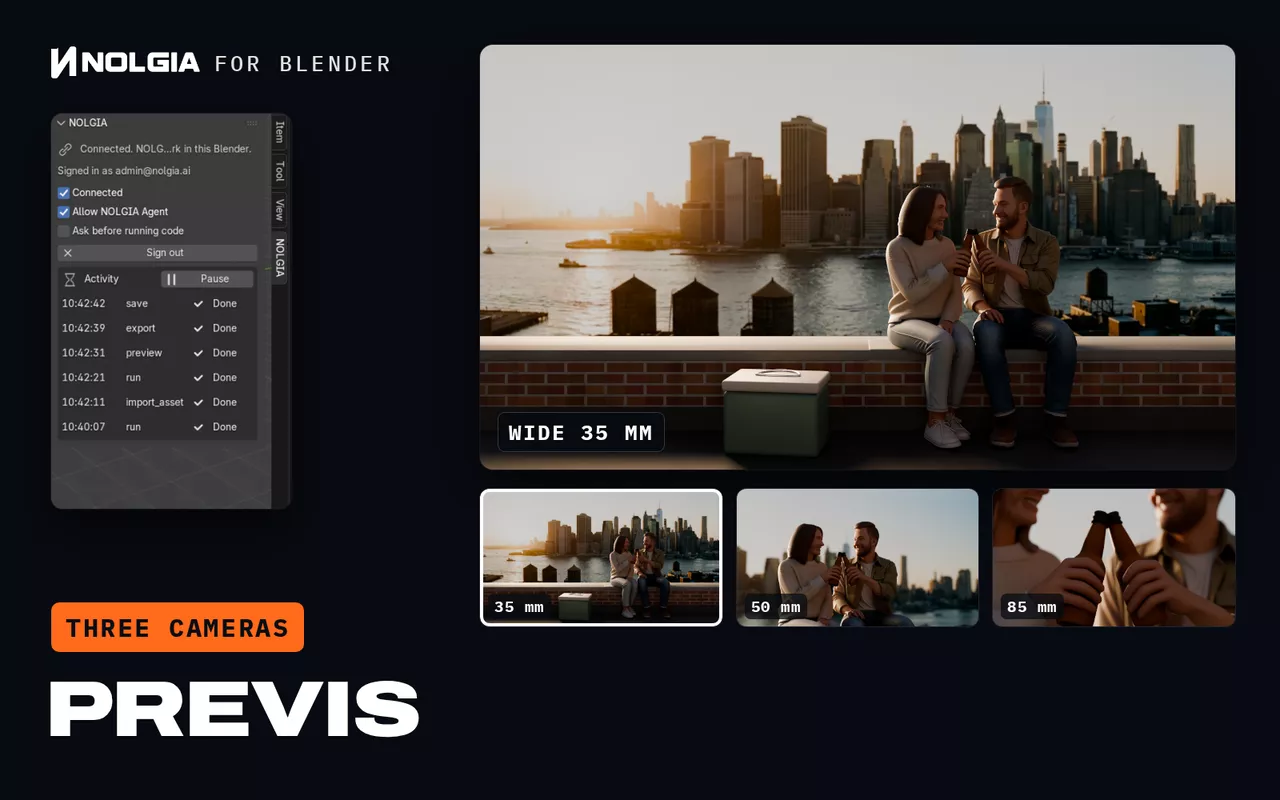 NOLGIA for Blender, Previs: a one line brief, a Brooklyn rooftop at golden hour with a young couple sharing a drink, types in, then the scene the workflow built plays through its three cameras, wide 35 mm, medium 50 mm and close 85 mm.