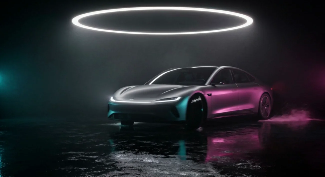 Kling v3's drive-by: the same coupe, with a small mark on the nose and a figure in the cabin