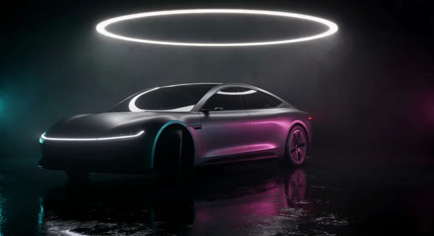 A graphite concept coupe pulls forward under a ring light and turns out of frame, its nose and light bar unchanged