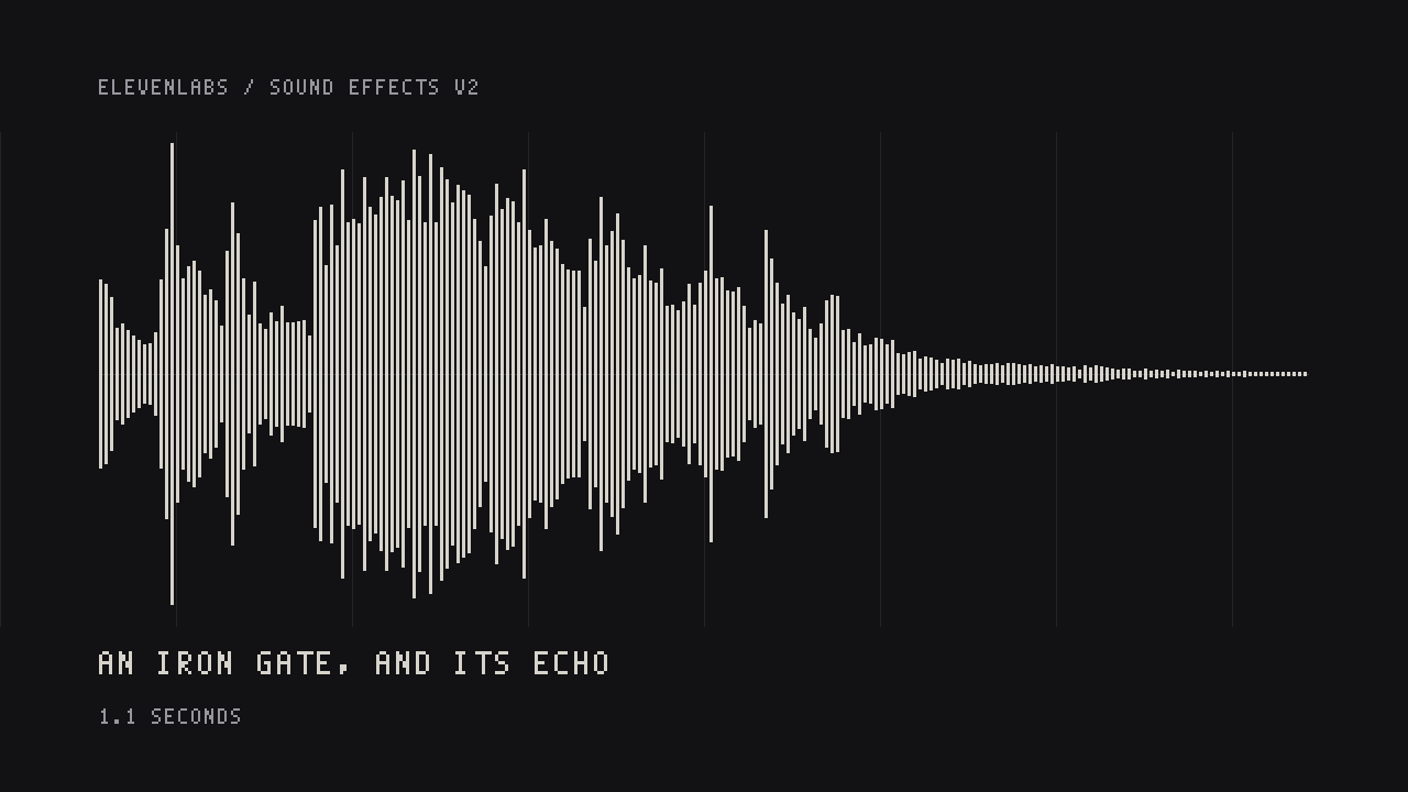 Example made with Elevenlabs Sound Effects v2: A heavy iron gate unlatching and swinging open on rusted hinges in a stone courtyard, with a distant echo
