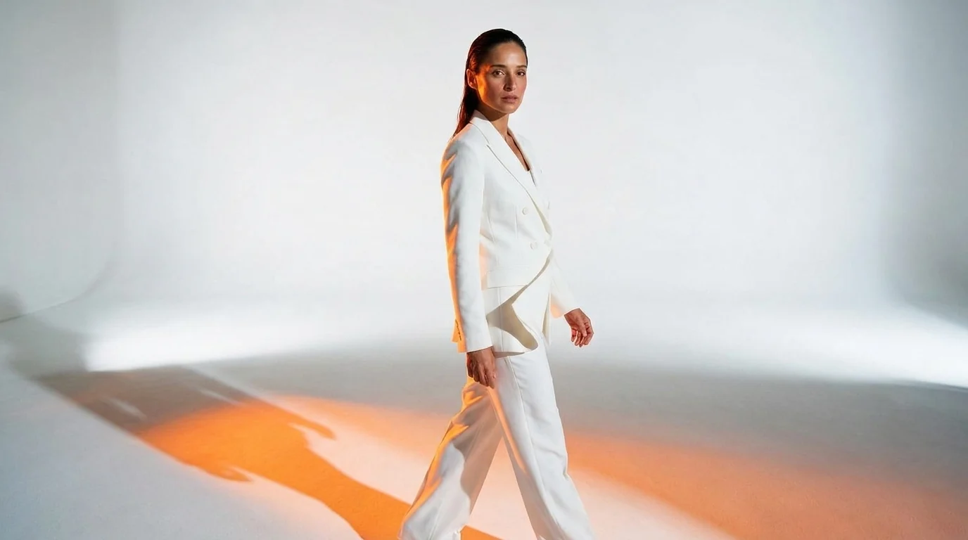 End frame: the same woman a few steps to the right, side-on to the camera, looking back over her shoulder, the hem lifting