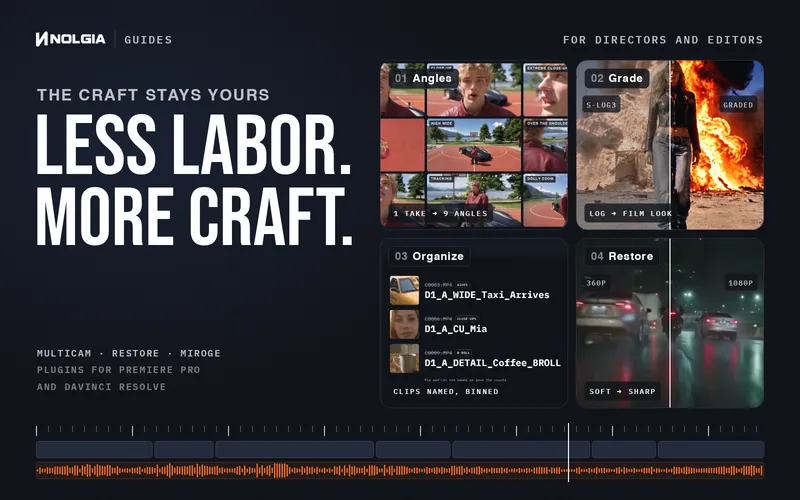NOLGIA guides for directors and editors: LESS LABOR. MORE CRAFT. beside four real results: one take turned into nine camera angles by Multicam, flat log footage graded to a film look in DaVinci Resolve, camera clips renamed and binned in Premiere Pro, and a soft 360p night clip restored to a sharp 1080p.