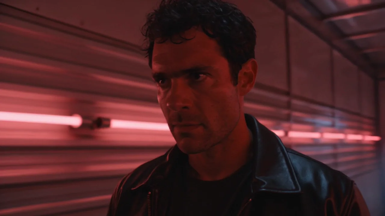 The same prompt with one named light: red tubes as the only light on a man's face, a cool spill at the far end of the corridor