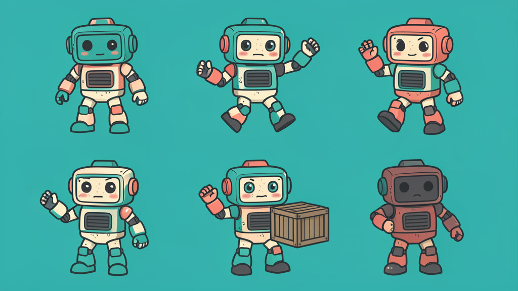 Example made with FLUX.2 Klein: A game sprite sheet of one chunky little robot character in a flat cel-shaded style on a plain teal background, shown in six poses in two rows: idle…