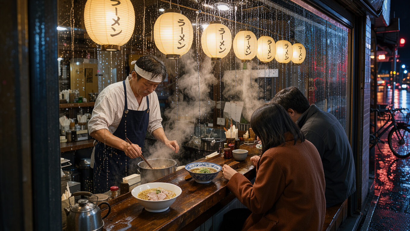 Example made with FLUX 3 Image Klein: A cozy ramen shop counter at night seen from the street, steam rising from bowls, warm paper lanterns, rain on the window, cinematic photograph
