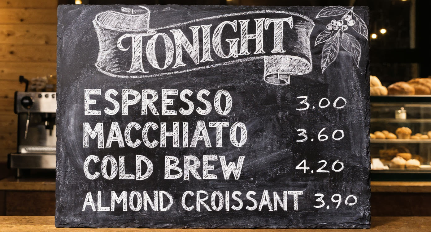 Example made with FLUX Kontext Max: Keep the chalkboard, the cafe lighting and the chalk texture exactly as they are. Change only the written text: the heading should read "TONIGHT"…
