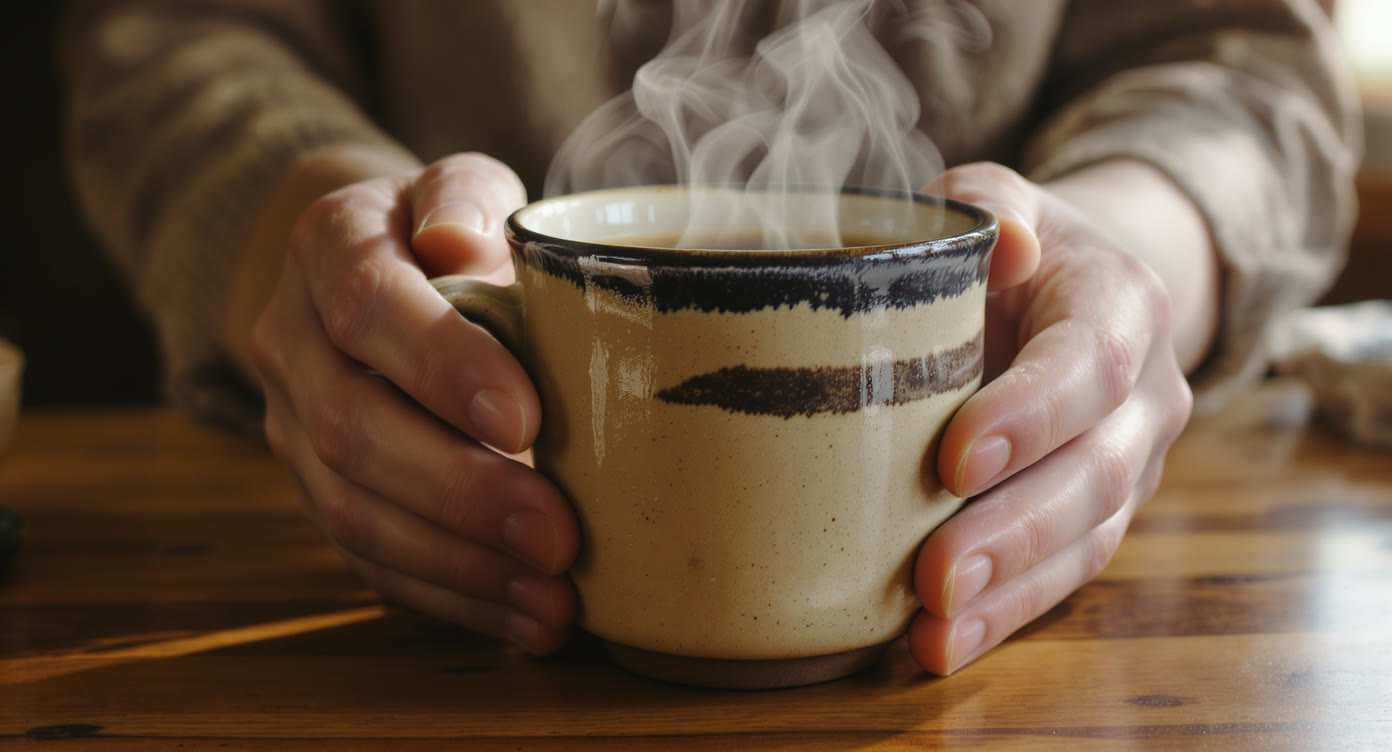 Example made with FLUX Kontext Pro: A close-up of a hand-thrown stoneware mug held in two hands over a wooden table, steam rising, warm side light from a window, speckled oatmeal glaze…