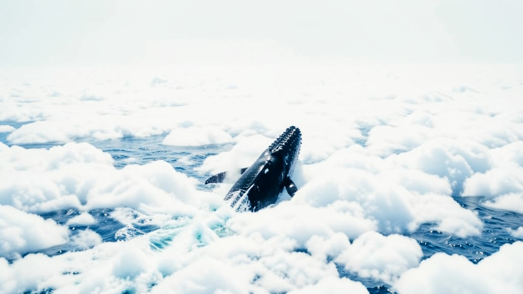 Example made with Flux Schnell: The back of an enormous whale breaching upward through a dense sea of white cloud as if the cloud were water, seen from above at a distance, its dark…