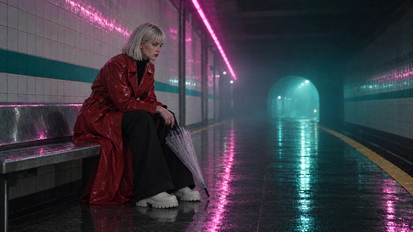 Vale sitting on the steel bench under the neon, the umbrella across her knees, looking down the platform