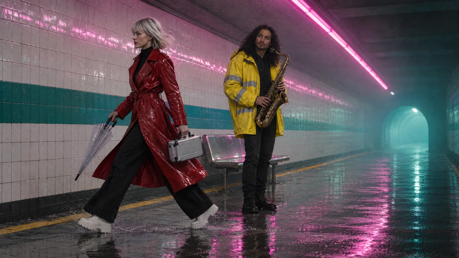Vale striding past Ozzy, who stands by the steel bench with his saxophone under the magenta neon; she carries the chrome case and the folded umbrella