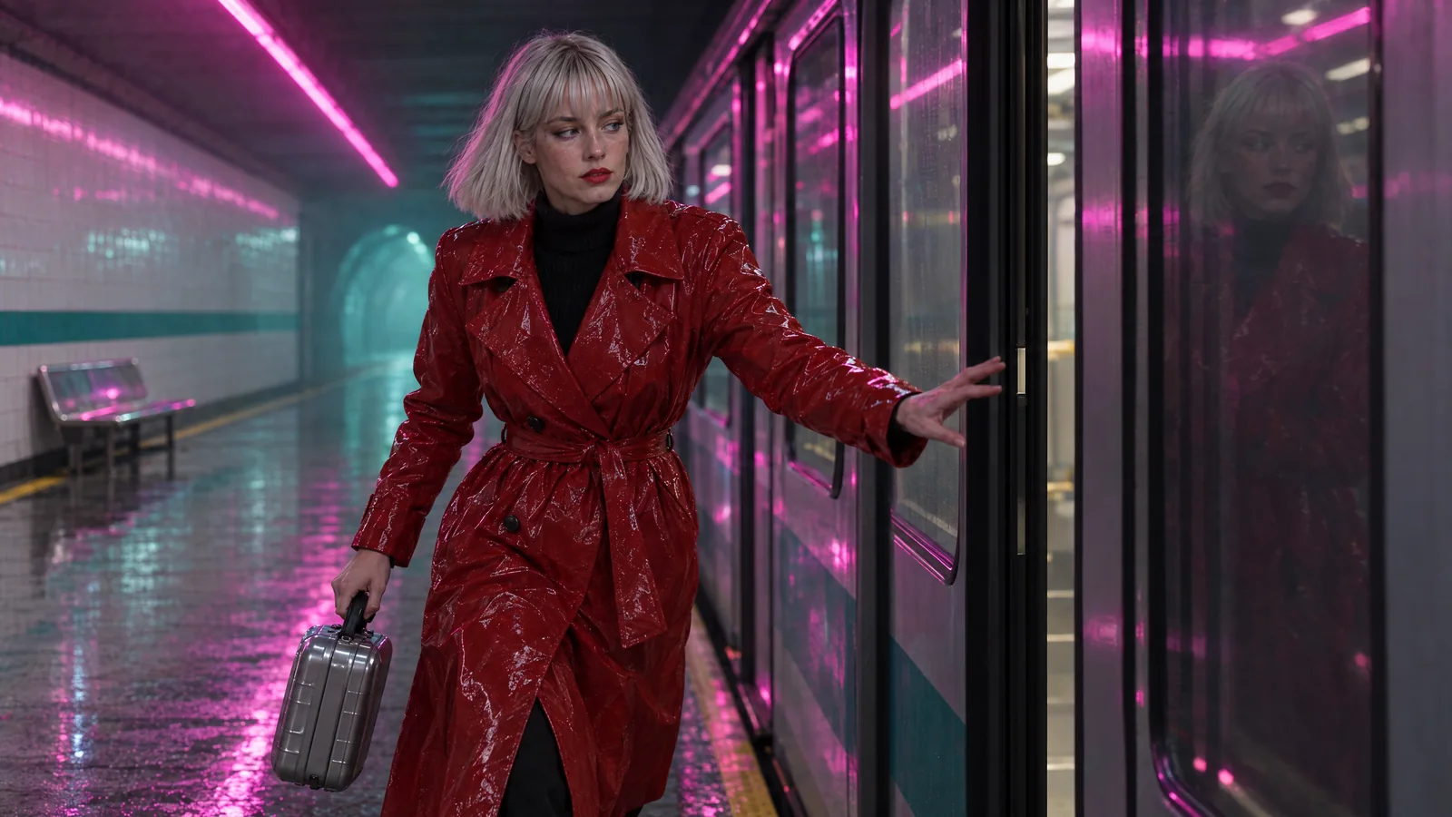 Vale reaching for the closing doors of a train at the platform, the chrome case in her other hand, her reflection in the door glass