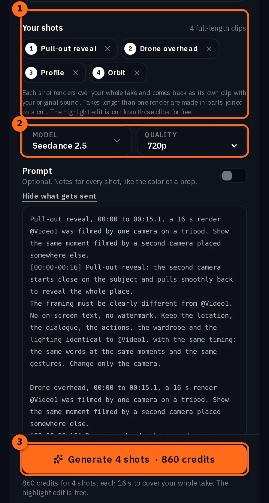 The lower half of the Multicam form on a computer: Your shots with Pull-out reveal, Drone overhead, Profile and Orbit, the Model and Quality pickers, the prompt switch with the first prompt shown, and Generate 4 shots with its price