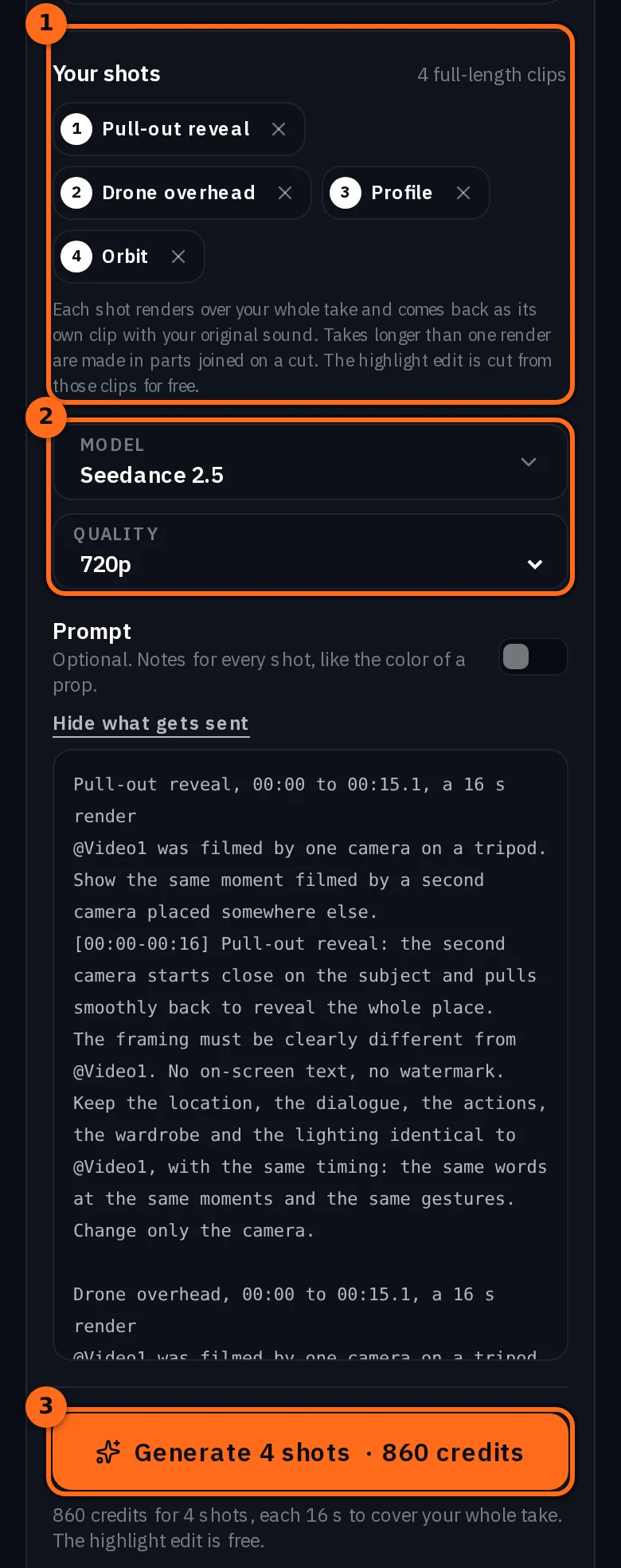 The same part of the Multicam form on a phone, with Generate 4 shots and its price