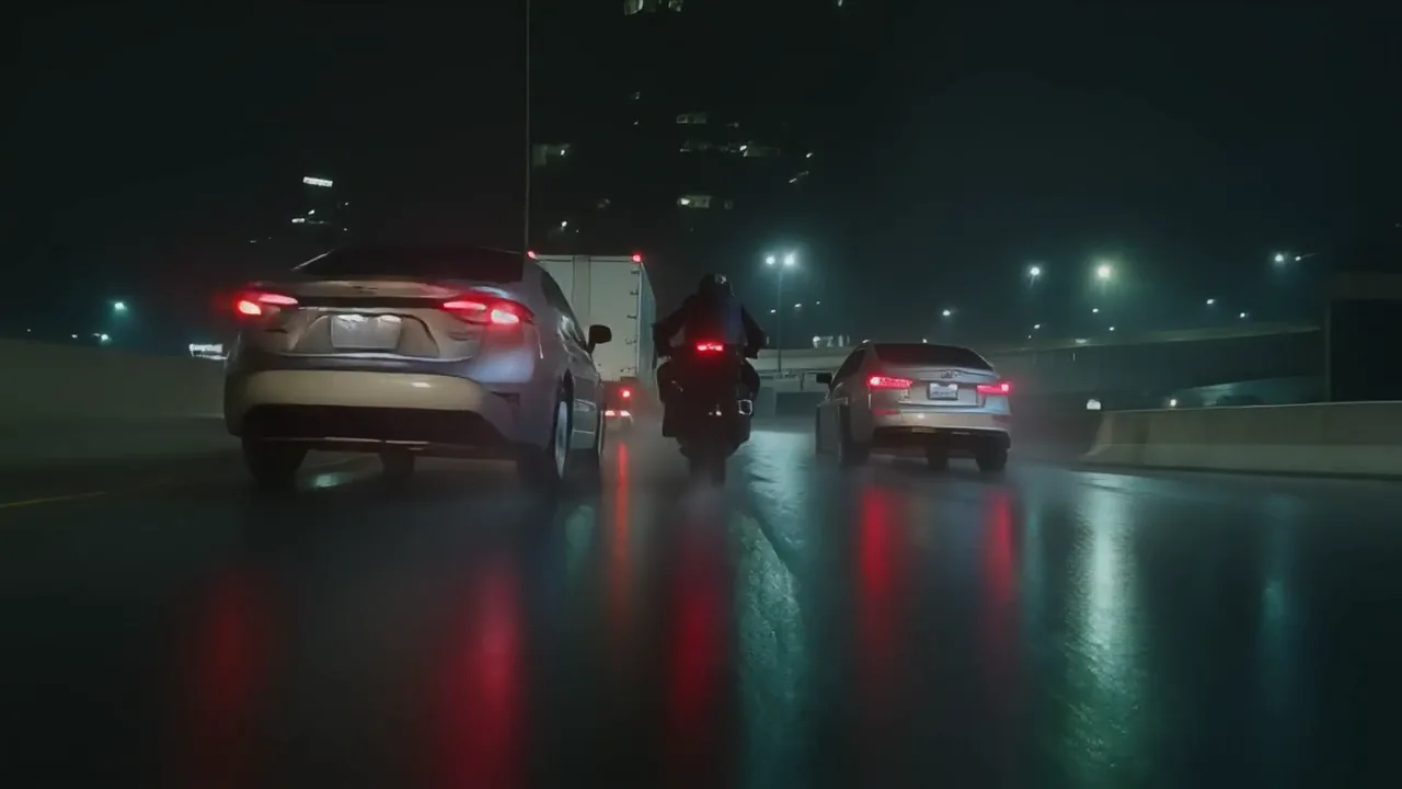 The night motorcycle take from a generative pass, with crisp new detail on the cars and the bike