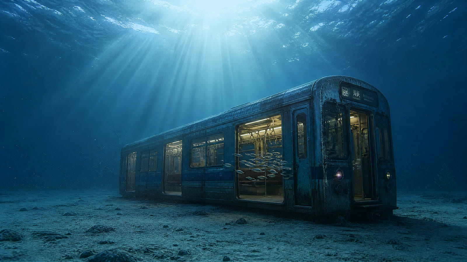 Example made with GPT Image 2: An underwater wide shot of a subway carriage resting upright on a pale sand seabed, its interior fluorescent lights still burning warm against the…