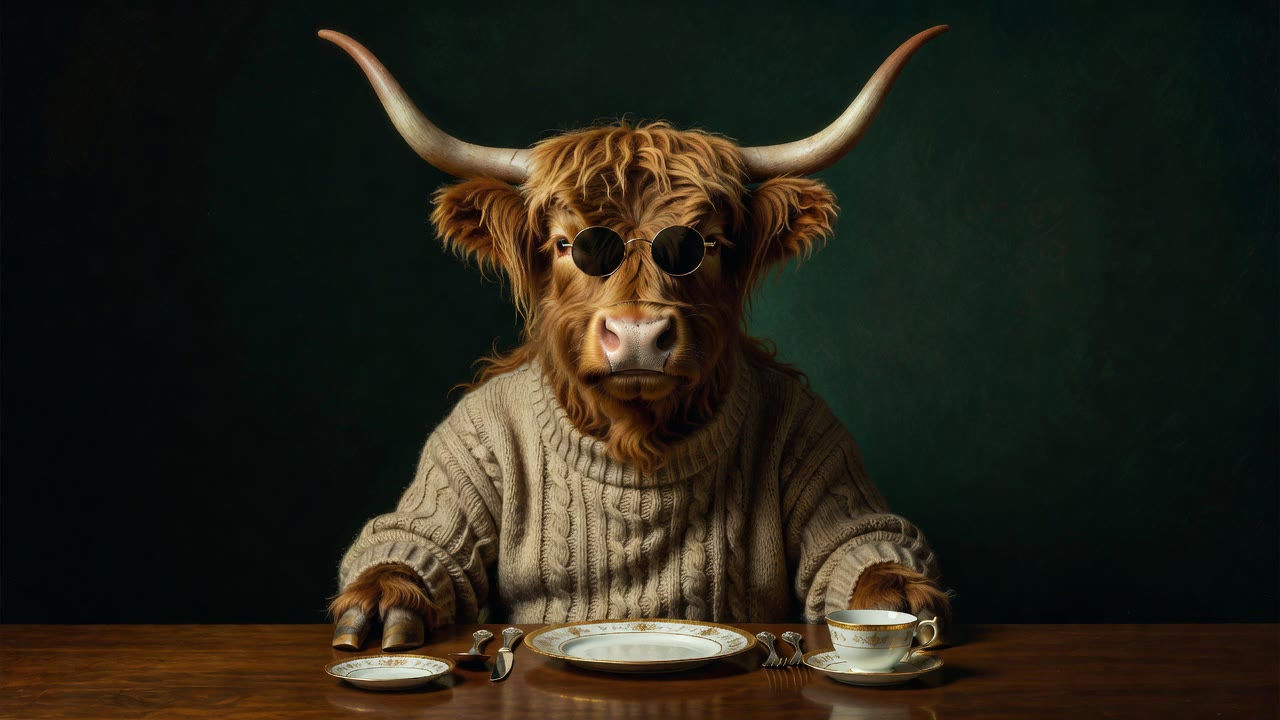 Example made with Grok Imagine: An absurdist poster image: a stately Highland cow wearing tiny round sunglasses and a knitted jumper, sitting upright at a formal dining table set…