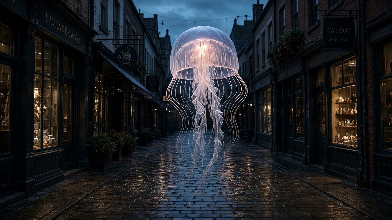 Example made with Grok Imagine Video 1.5: An enormous translucent jellyfish drifts slowly down the middle of a narrow shopping street at dusk, glowing softly from within and lighting the…