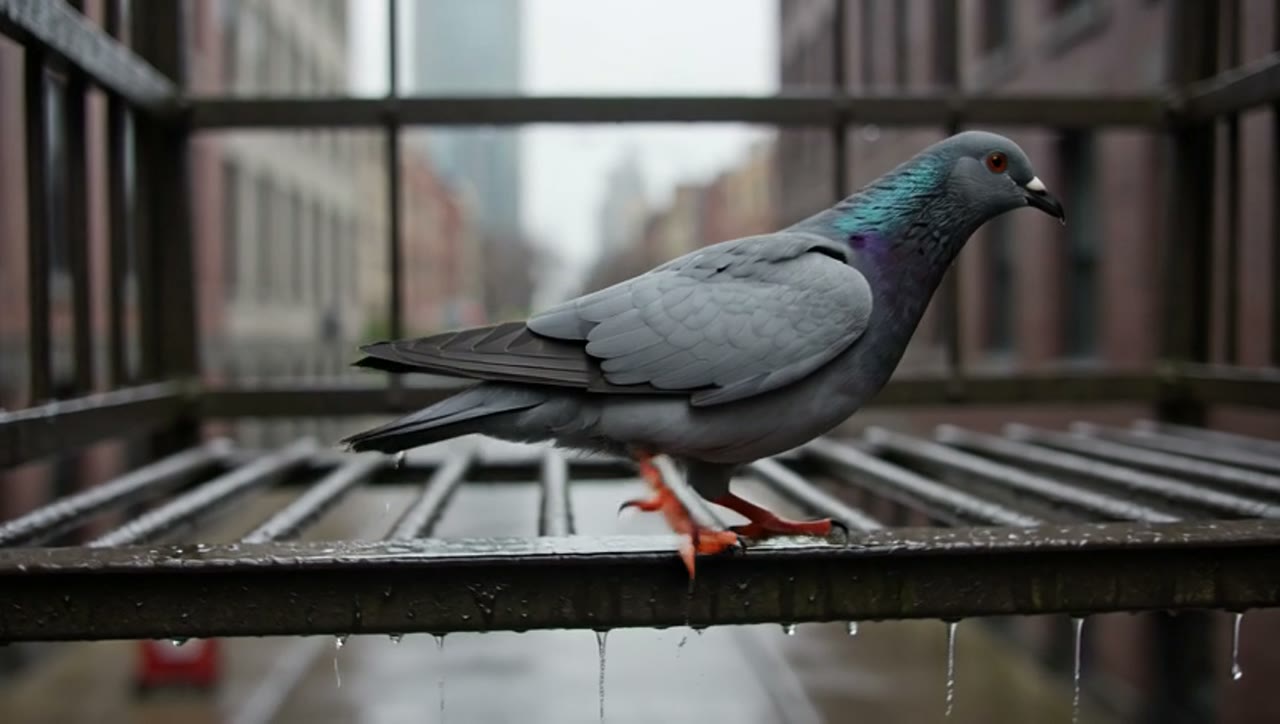 Example made with Grok Imagine Video: A pigeon on a fire escape shakes the rain off its back and struts along the rail, city hum and dripping metal underneath. Grimy handheld snapshot…