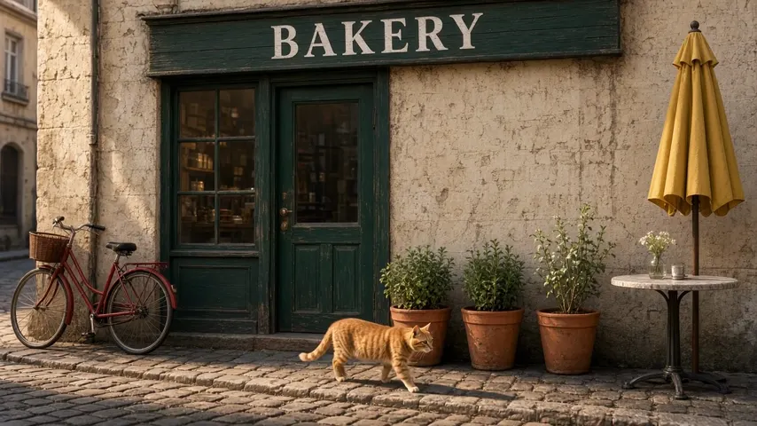 A bakery storefront on a cobblestone street with a green BAKERY sign, a red bicycle, three potted plants, a yellow umbrella and a ginger cat walking past, rendered by Grok Imagine Video 1.5, run 1.