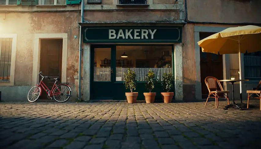 A bakery storefront on a cobblestone street with a green BAKERY sign, a red bicycle, three potted plants, a yellow umbrella and a ginger cat walking past, rendered by Hailuo 3, run 1.
