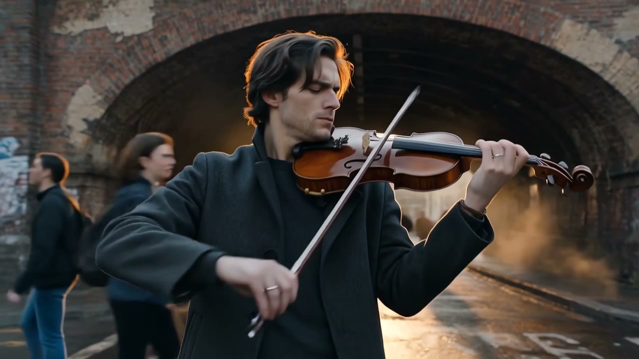 Example made with HappyHorse 1.1: A street violinist under a railway arch leans into a long phrase, bow arm driving, eyes closed, commuters blurring past behind. Low sun through the…