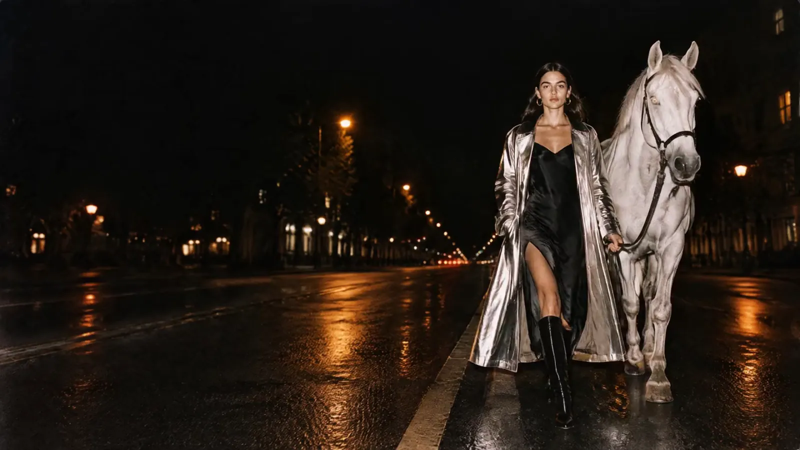 A fashion label's hero loop: an invented model in a liquid silver trench coat walking a white horse down an empty avenue at night, lit by direct flash, the left of the frame kept clear for the headline.