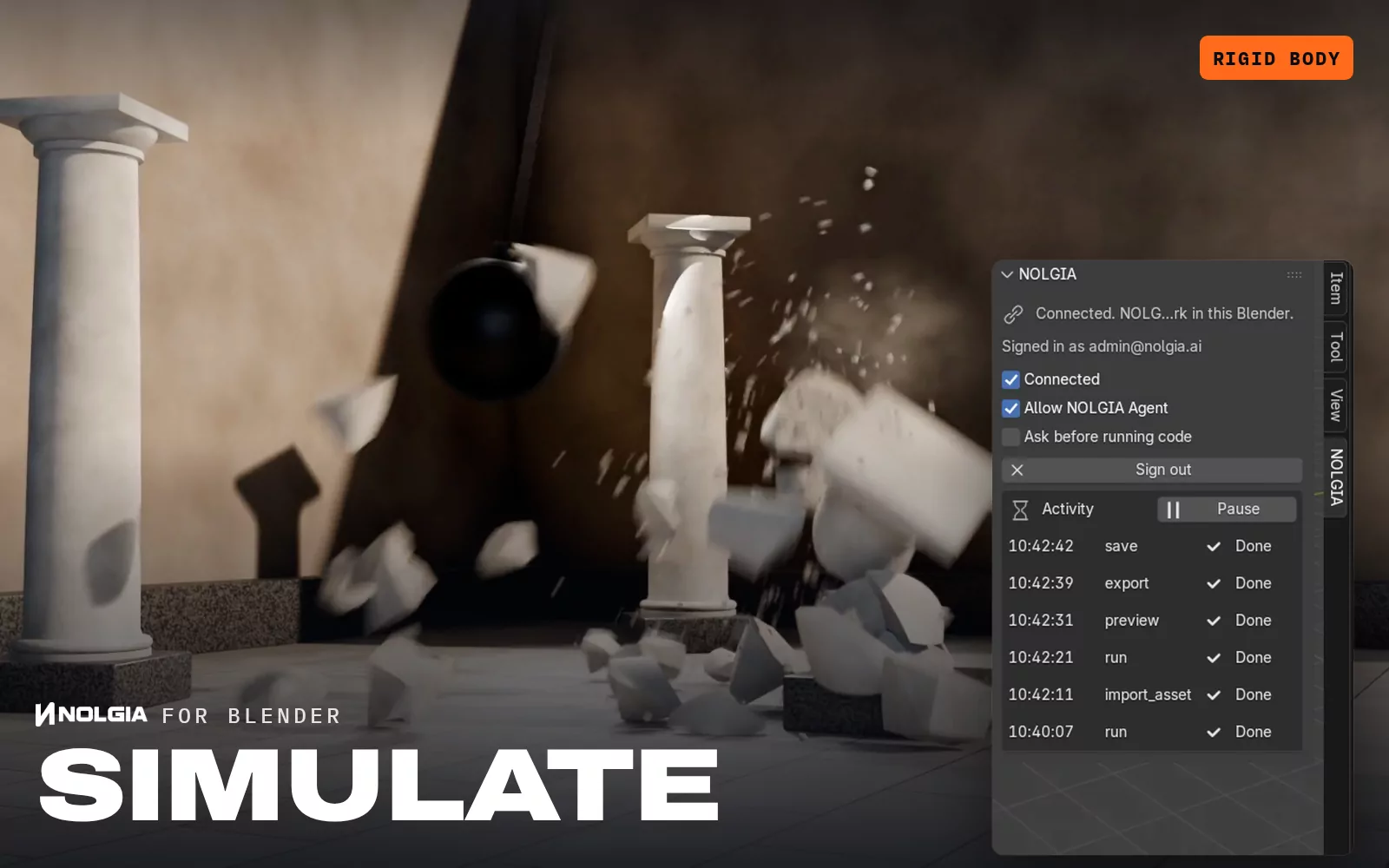For 3D artists: the shot needs a collapse, and a rigid body simulation shatters a marble column under a wrecking ball. Then a screen recording of the NOLGIA tab in Blender running import_asset in the scene.